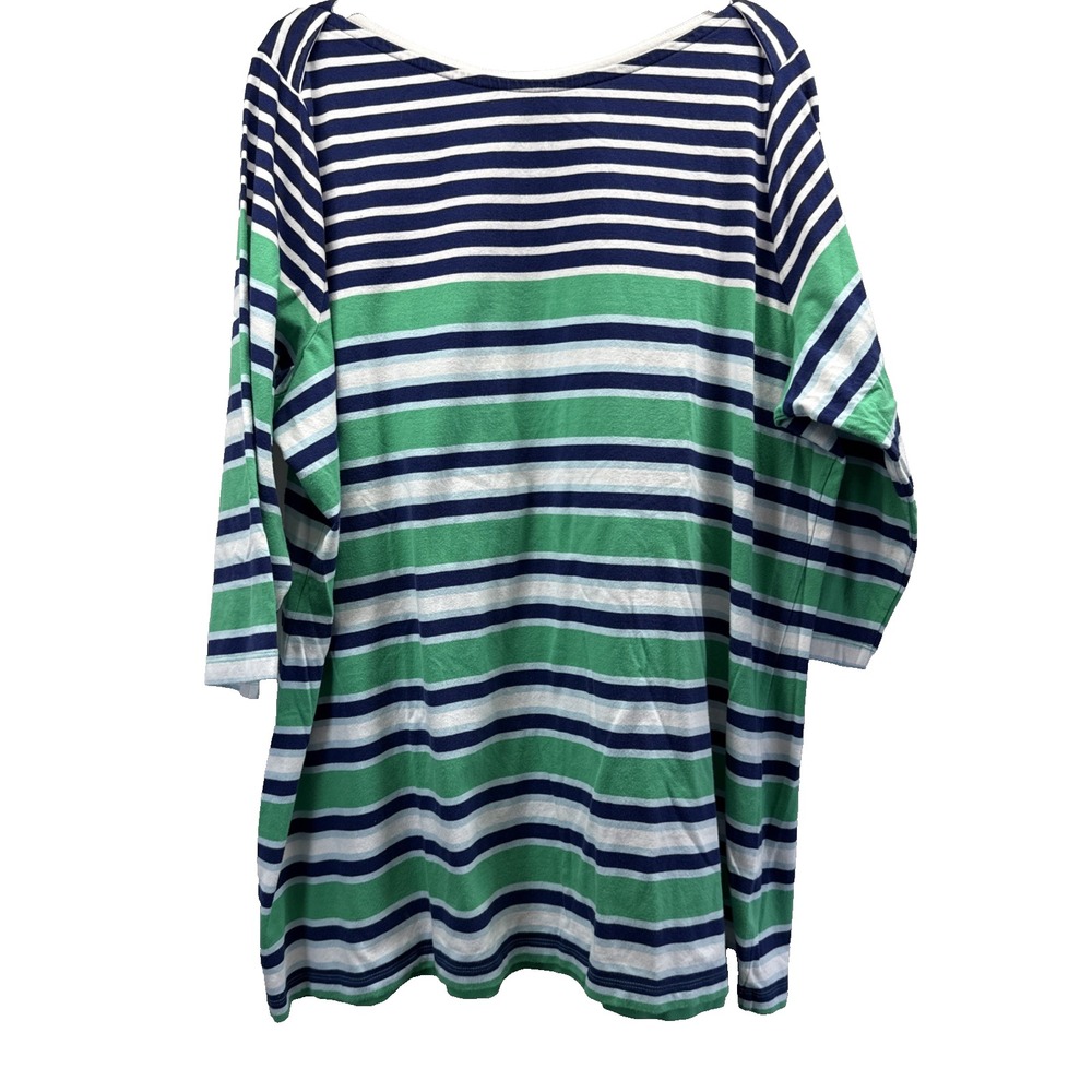 Denim & Co Womens Top Size 1X Plus Blue Green 3/4 Sleeve Cotton Striped Pullover